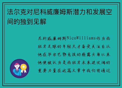 法尔克对尼科威廉姆斯潜力和发展空间的独到见解 法尔克对尼科威廉姆斯潜力和发展空间的独到见解