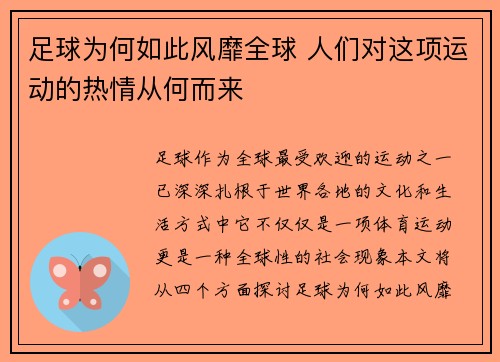 足球为何如此风靡全球 人们对这项运动的热情从何而来 足球为何如此风靡全球 人们对这项运动的热情从何而来
